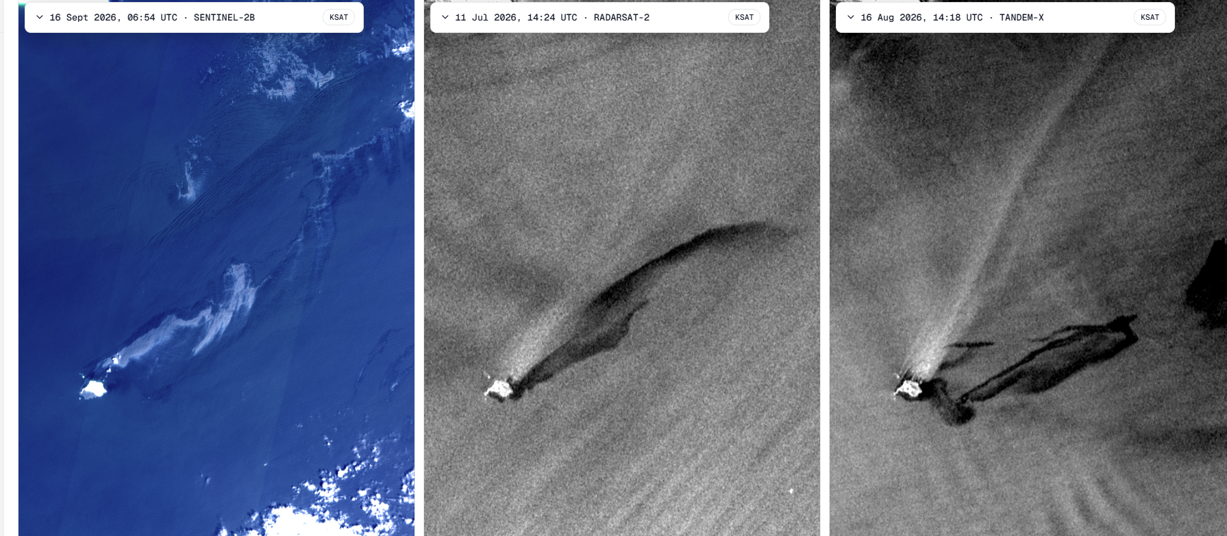 Three satellite images of the same oil spill: Sentinel-2B optical, RADARSAT-2 and TANDEM-X radar